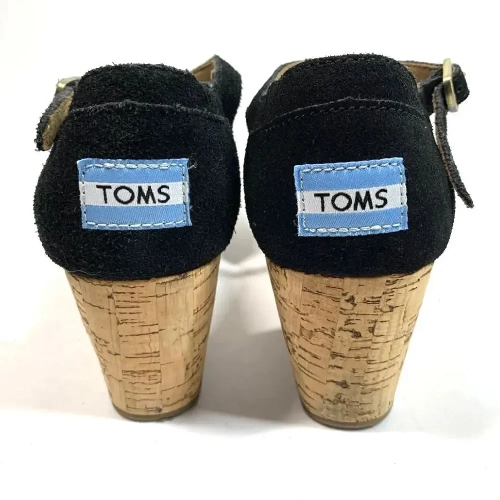 Toms Black Suede Leather Cork Wedge Open Toe Platform Sandals Women Size 6.5
